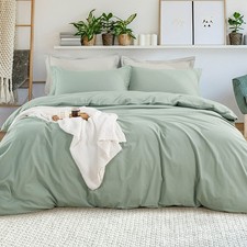 100 Washed Cotton Duvet Cover Twin Size Sage Green, 2-Piece Soft Comforter C...