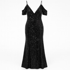 90s Cindy Collection USA Dress Size 2XL Black Sequin Cold Shoulder Formal Gown