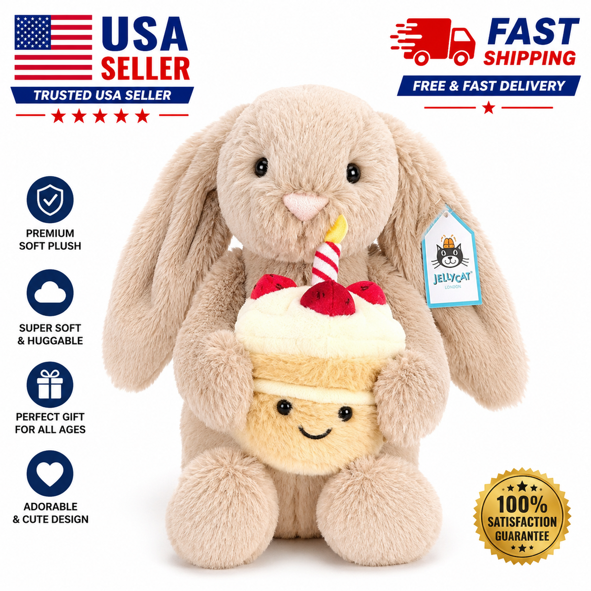 Jellycat Bashful Beige Bunny Birthday Cake Plush 31CM Soft Stuffed