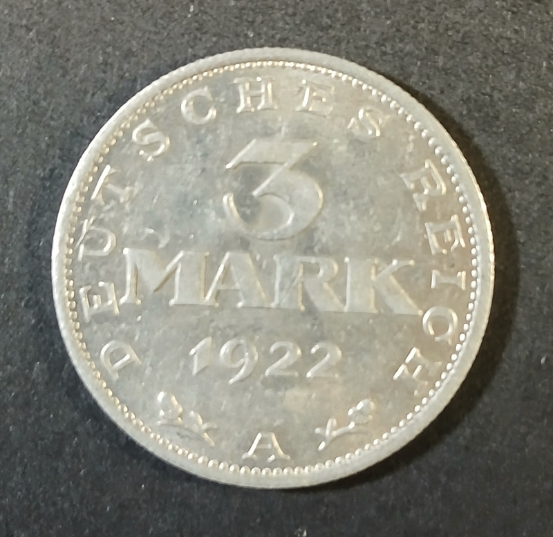 1922-A Germany 3 Marks Aluminum Coin 3rd Anniversary Weimar Constitution