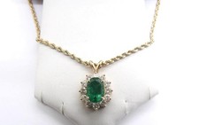 14k Yellow Gold Green Emerald  Diamond Pendant with Rope Chain Necklace 18"