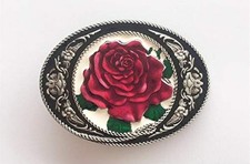 Western Americana Red Rose Floral Design Belt Buckle Oval Ornate Detailing