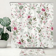 Spring Cottage Green Leaf Pink Floral Shower Curtain Bathroom Accessories Set