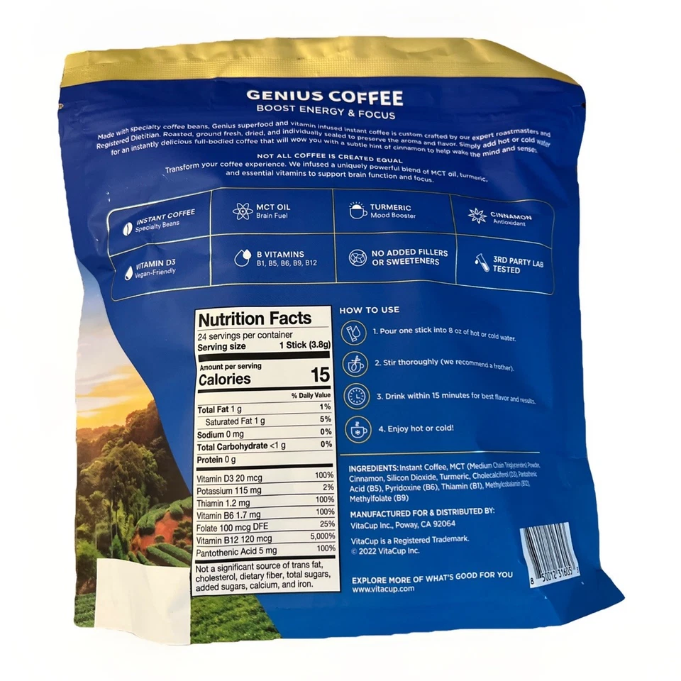 2X VitaCup Genius Palitos de Café Instantáneo Medianos Aptos para Ceto 48 Total BB 1/22/26 Foto 4 de 4