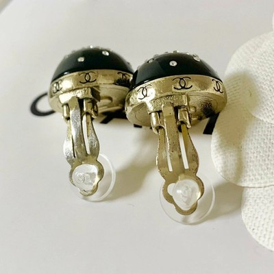 CHANEL Earrings Coco Mark Rhinestones Black Gold Dome Logo Women's Accessories