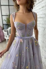 Flower Embroidery Prom Dress Tulle Tea Length A-Line Formal Evening Party Gowns