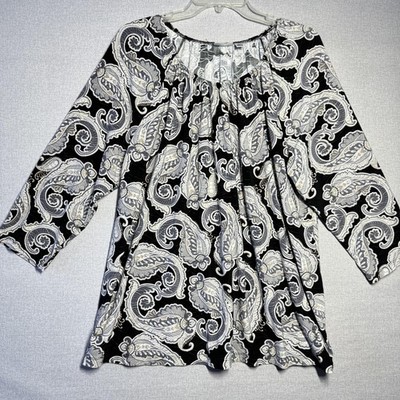 Croft & Barrow Shirt Womens 1X Black Paisley 3/4 Sleeve Stretch Tunic Top Plus