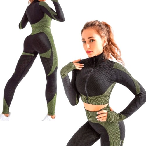 2pc Fitness Yoga Outfit Green and Black Sz Large - Bild 3 von 6
