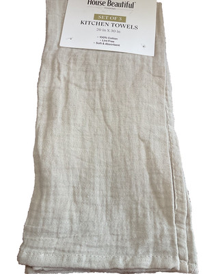 HOUSE BEAUTIFUL ESSENTIALS Kitchen Towels (3) TAN CREAM WHITE COTTON 20 x 30 NIP