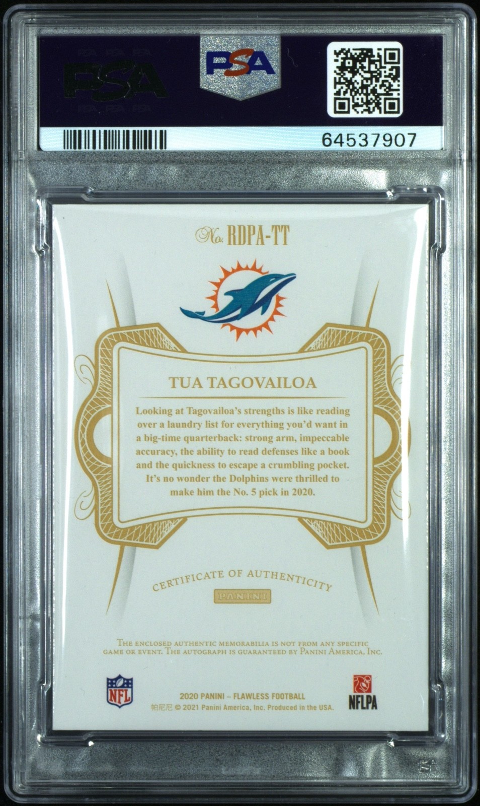 2020 Panini Flawless Tua Tagovailoa /20 Rookie Logo Patch Auto PSA 10 #RDPATT PC view 2