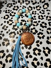 Fashion Mama Leopard Wooden Beaded Wristlet Keychain Keyring With Tassel - blue