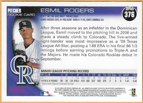 ESMIL ROGERS COLORADO ROCKIES#376 - TOPPS NM-MT 2010 - Picture 2 of 2