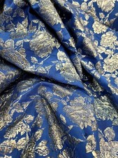 Brocade Silver Floral Flowers Fabric Sold by the Yard Gown Royal Blue Background