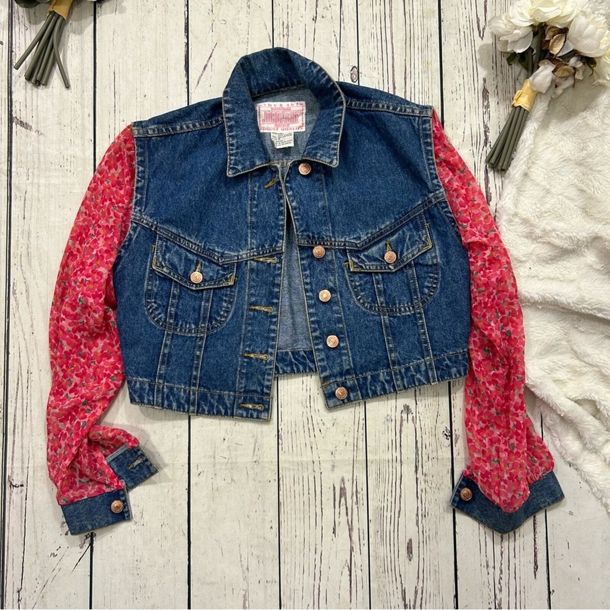 R,Sショップ JORDACHE Vintage Cropped western Denim Jacket Pink Floral Sleeves