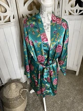 Kathryn Robe Womens Large Green Satin Pink Floral Bathrobe Kimono Vintage