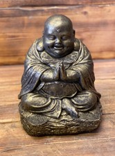 STONE GARDEN GOLD CHUBBY HAPPY SMILING PRAYING BUDDHA BUDDAH STATUE ORNAMENT