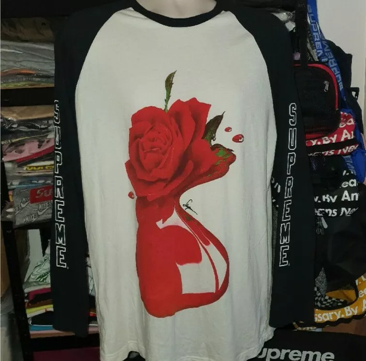 SS14 Supreme Melting Rose Raglan L/S tee shirt blanc manches longues L grand T shirt rare