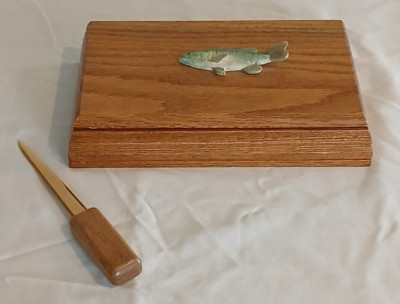3 Section Wood Box With Embossed Fish On Lid & Letter Opener 9.25''x5.3'' Vintage