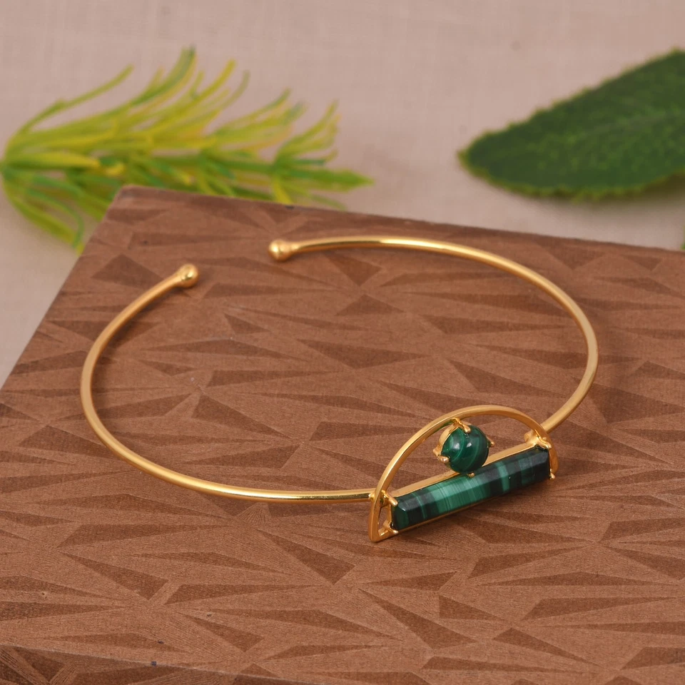 Brazalete para mujer enchapado en oro de 18k diseño media luna con malaquita joyería regalo Foto 2 de 4