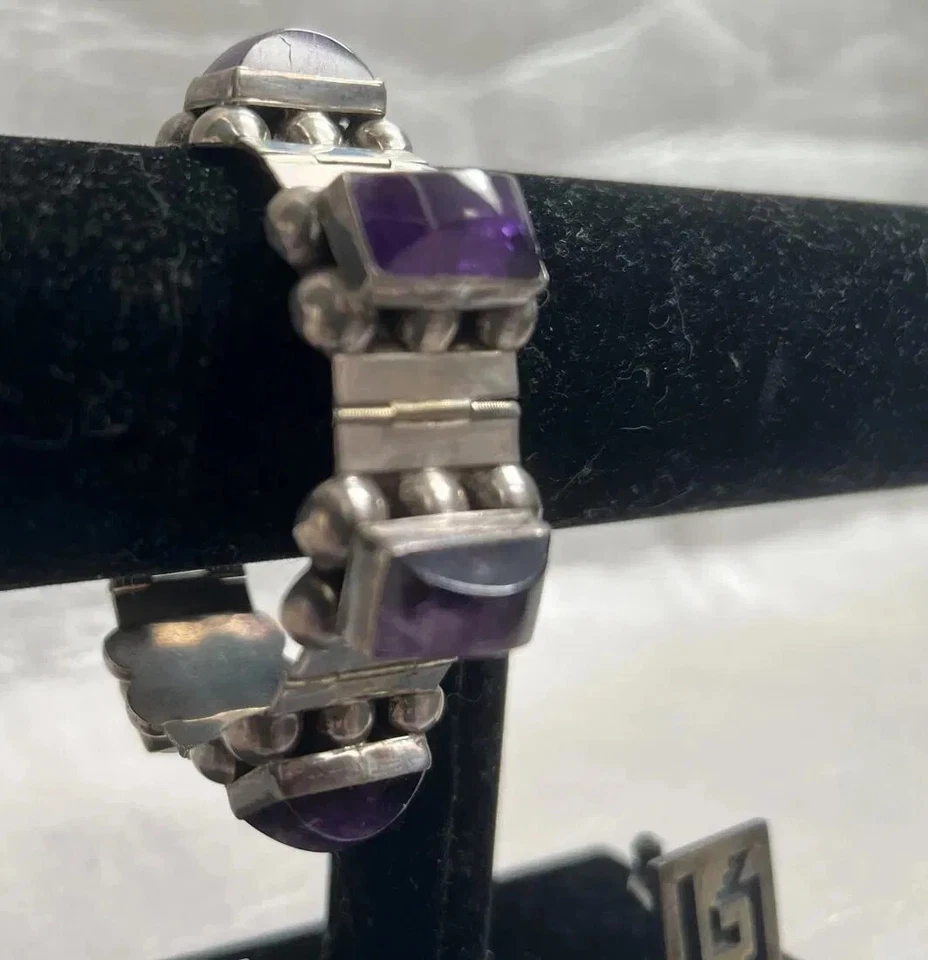 60 年代纯银“TAXCO”紫水晶手链带 2 条条纹银色袖扣 — 第 3/4 张图片