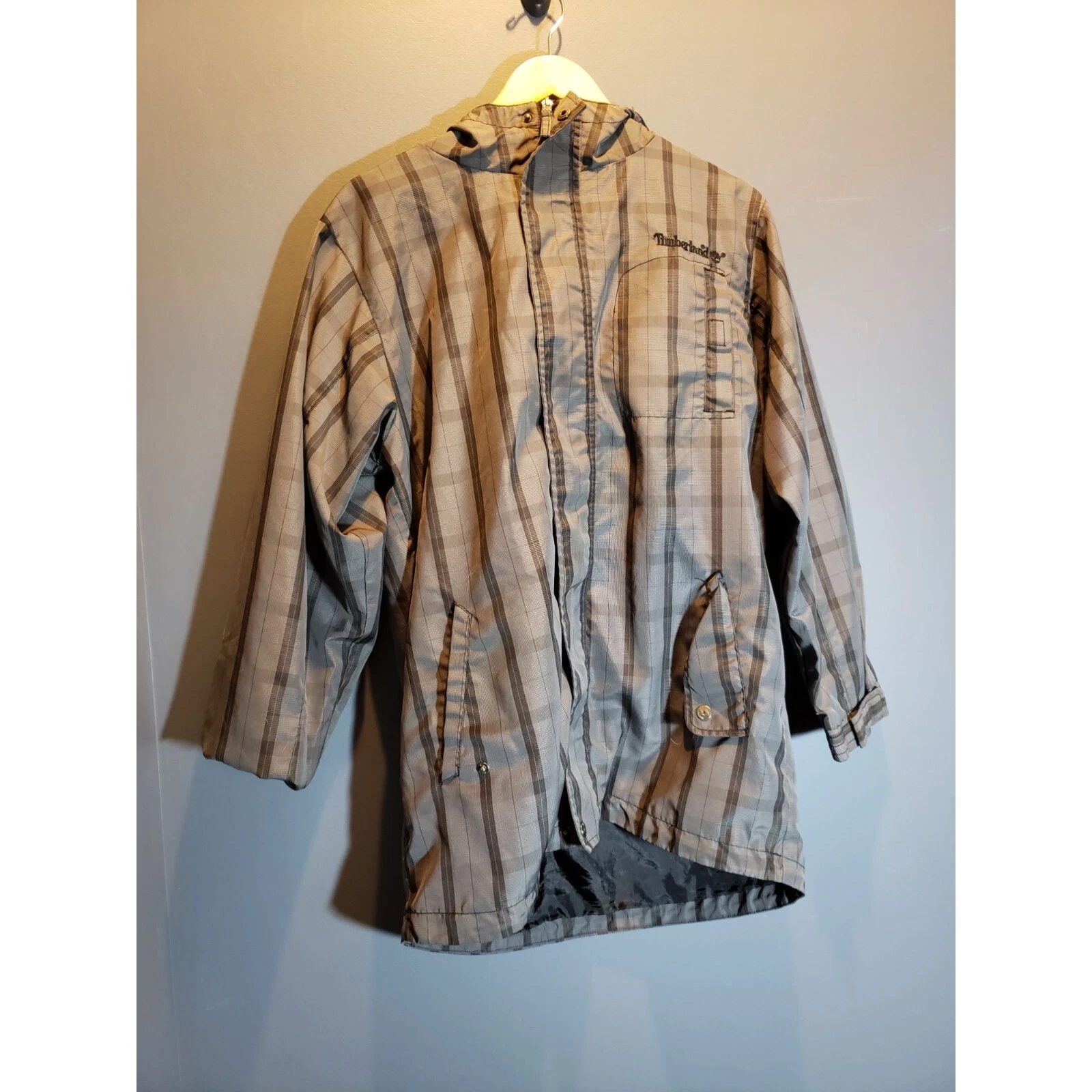 Timberland Grey Plaid Zip Up Men's Rain Coat Size XL
