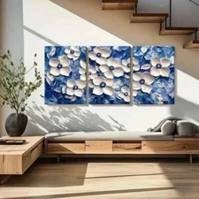 3pcs White Flowers on Blue Abstract Oil Painting Wall Art Canvas Framed 50x70cm
