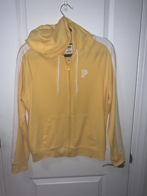Victoria Secret PINK M Medium Full Zip Hoodie Mustard Yellow W/Stripes On Sleeve