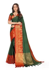 Women's Polyester Silk Jacquard Woven Banarasi Plain Border Saree With Blouse
