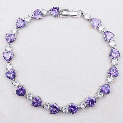 15Ct Heart Cut Lab-Created Amethyst Women's Bracelets 14K White Gold Plated