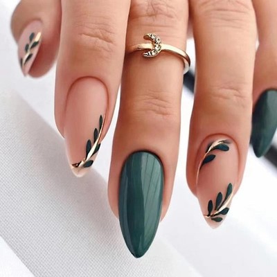 S.A.V.I 24 PCs - Nude Green Leaf Print Press-On Nails, Long Almond Shape, 24 Set