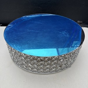 14” Crystal Beaded Round Mirror Cake Stand Silver Wedding Centerpiece Tray 4” 
