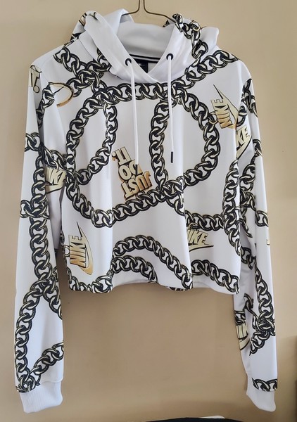 Nike Women's White Chain Link Print Crop Pullover Hoodie, Raglan Size S