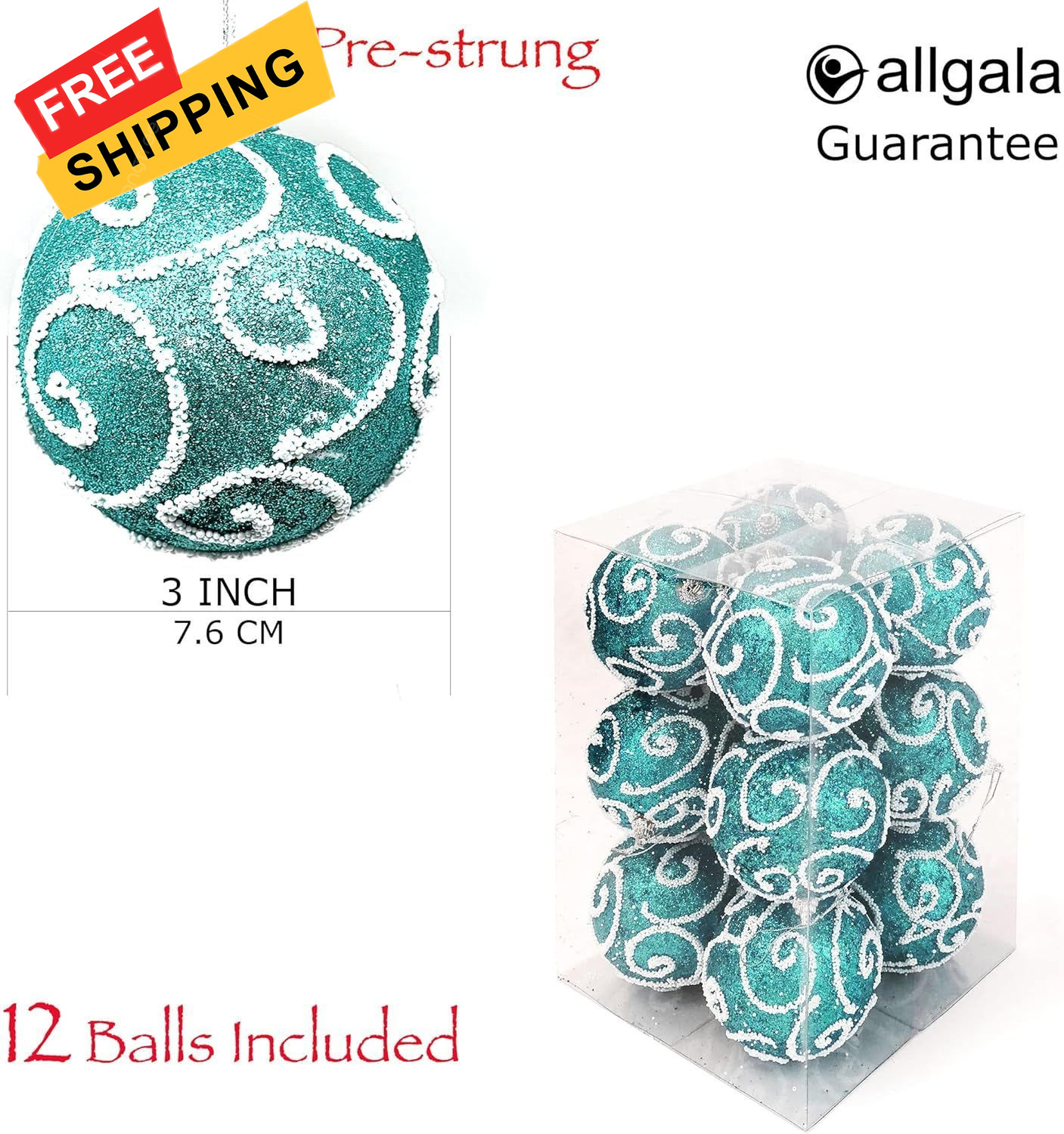allgala 12 Pack 3 Inch Christmas Tree Ornament Balls-Glitter Turquoise 