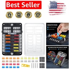 Compact 12-Way Automotive  Marine Fuse Block with Indicator - 30 Fuses Included