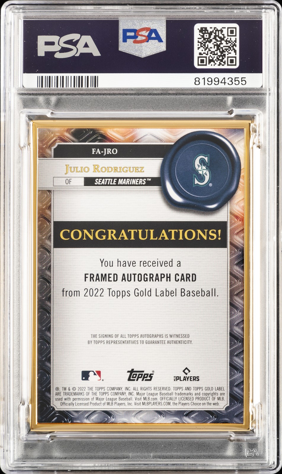 2022 TOPPS GOLD LABEL FRAMED AUTO RED #JRO JULIO RODRIGUEZ RC /25 PSA 9 AUTO view 2