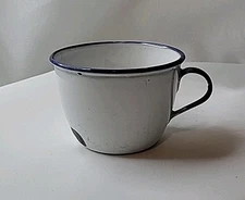 Vintage White Enamelware Cup Ker Sweden 7cm Blue Trim Farmhouse Rustic 3.5" x 2"