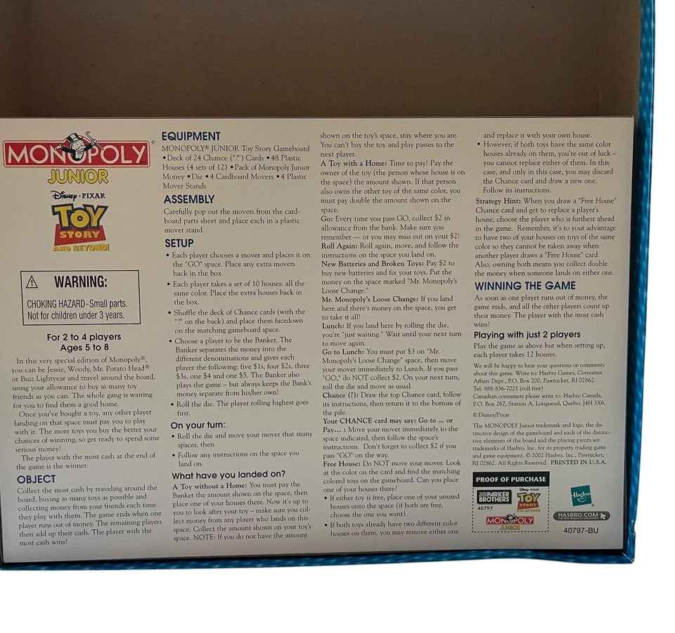 Monopoly Junior Disney Pixar Toy Story and Beyond Board Game 2002 - Image 4 of 4