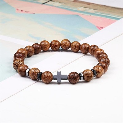 Men Lava Stone Bead Bracelet Hematite Cross Rosary Prayer Yoga Jewelry Gift