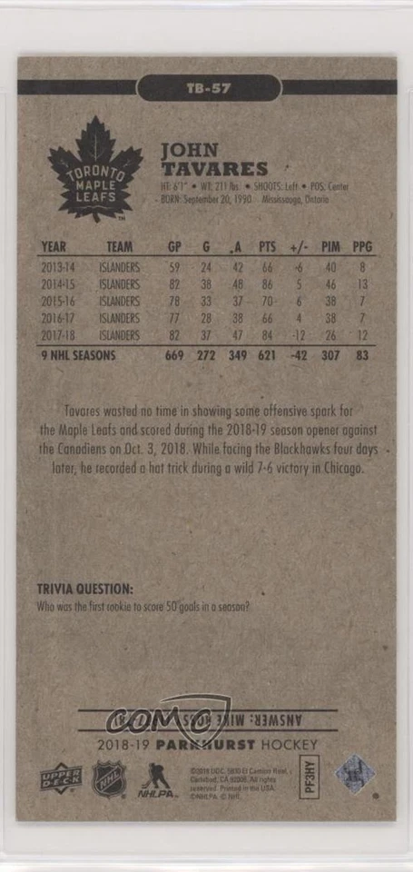 2018-19 Upper Deck Parkhurst Tallboys Tier 4 John Tavares #TB-57 - Image 2 of 2