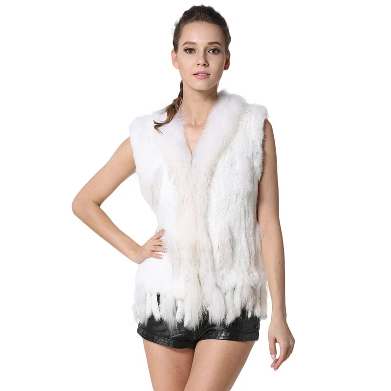 Womens Real Fur Vests Casual Knit Rabbit Fur Gilets Ladies Raccoon Fur Waistcoat - Image 3 of 4
