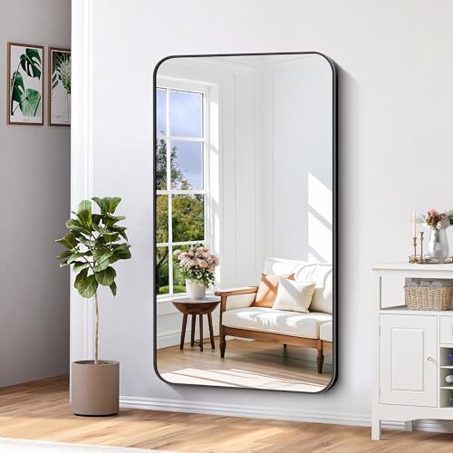 Bathroom Mirror, 30"x55" Black Rectangle Wall Mirror, Metal Frame Rounded - Picture 6 of 7