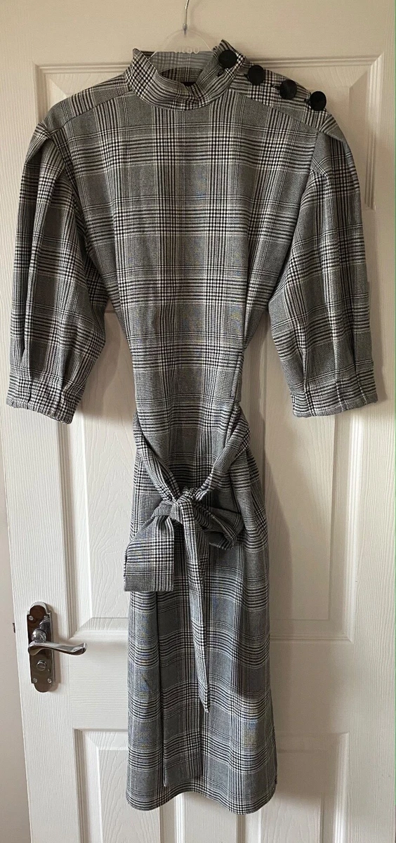 Worn Once ZARA Check Plaid High Button Neck Midi Dress M 12 14 Bloggers fav
