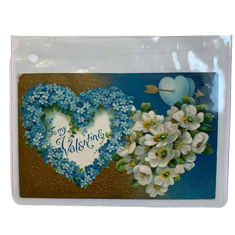 1910 Antique Valentine's Day Postcard Blue flowers Hearts