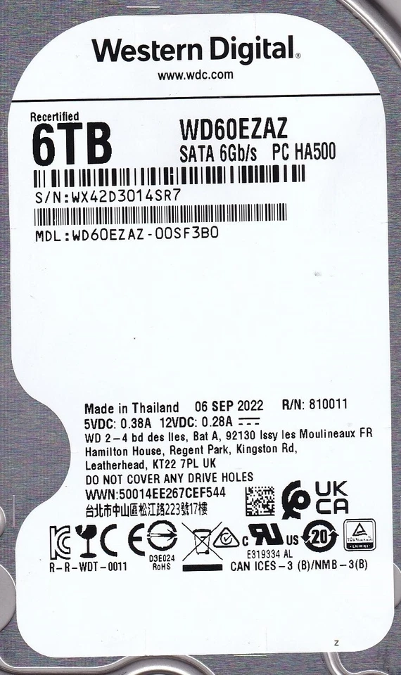 WD60EZAZ-00SF3B0  s/n: WX42D3 SEP/2021 R/N: 810011 6TB SATA 3.5" Western Digital - Image 3 of 4