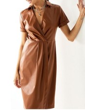 NEW NINE WEST M MAPLE COGNAC BROWN FAUX LEATHER FAUX WRAP COLLAR V-NECK DRESS