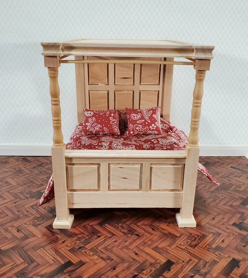 Cama para casa de muñecas 4 carteles toldo estilo Tudor madera sin pintar miniatura escala 1:12 Foto 3 de 4