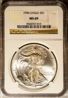 Key Date 1996 $1 Silver American Eagle MS 69 NGC # 3564767-013 + Bonus