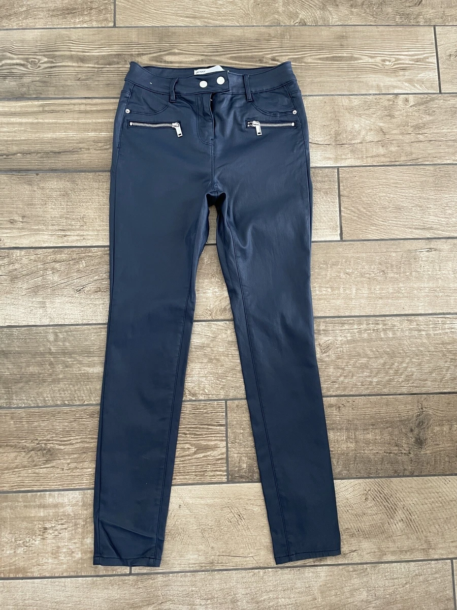 NEXT SKINNY HIGH RISE JEANS UK 8 R L28 FAUX LEATHER BIKER DARK PETROL BLUE