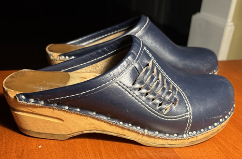 Bastad Original Shoes Womens 37 Comfort Clogs Navy Blue Woven Leather Sweden.