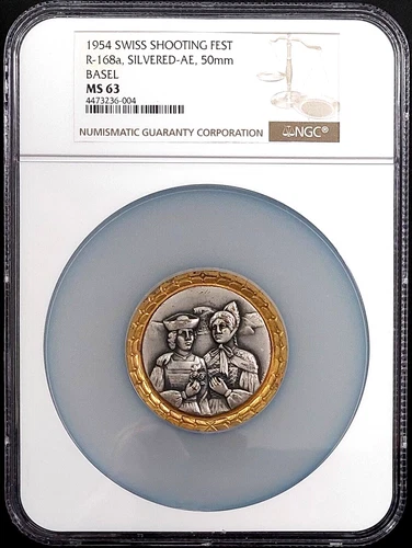 1954 Swiss Shooting Fest Medal, R-168a, Silvered-AE, 50 mm, Basel, NGC MS 63!